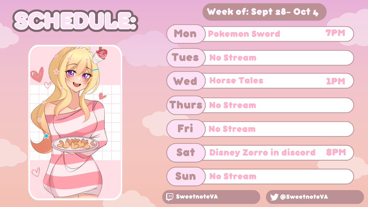 SweetNoteVA's tweet photo. Oops, I made a little mistake on my earlier post. This is the correct schedule for this week. https://t.co/qA9gftXyub