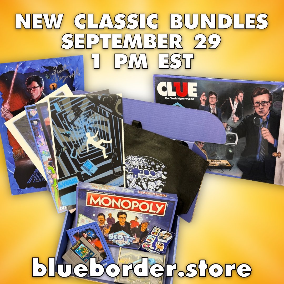 BlueBorderEnt's tweet photo. We’ll be offering a limited supply up classic products tomorrow on https://t.co/MtDUGrN54l at 1 PM EST

- Classic Bundle Box (Special Monopoly Bundle) $85
- CLUE: Scott The Woz Edition with Bonuses (Borderline Forever script booklet, sticker sheet, signed cast photo and art card) $25
- Signed Borderline Forever Poster (by the whole cast) $30