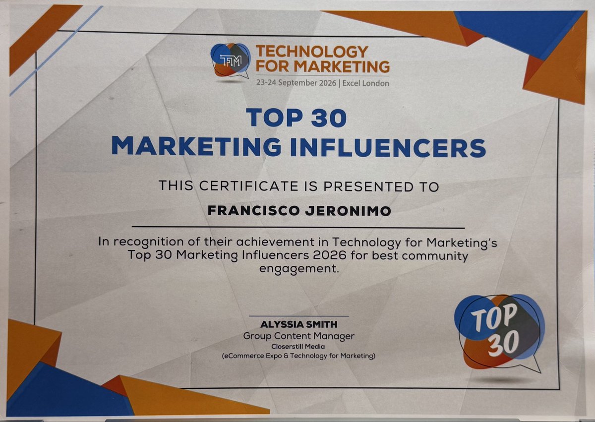 fjeronimo's tweet photo. 🎉 I’m excited to share that I’ve been recognized as the Number #14 🔝Marketing Influencer of 2026 by Technology for Marketing. 

I’m especially grateful to also be recognized as the Number #1 🔝influencer for best community engagement 🤩

Congratulations to everyone recognized in the 🔝 Top 30 Awards for 2026 👏👏👏 What an outstanding group of marketeers and influencers!! I’m looking forward to learning from each of you, sharing best practices, and continuing to build strong community together.

Thanks to everyone who supported 🤗