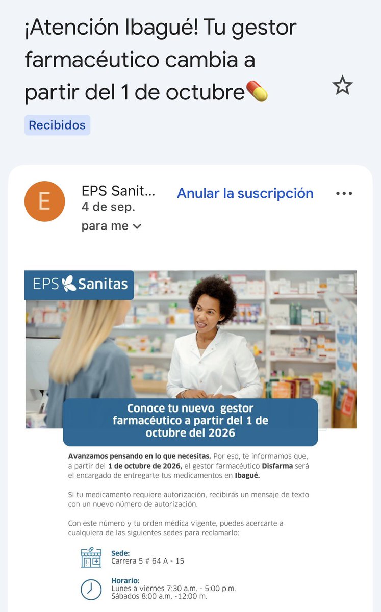 Francesca_Cataa's tweet photo. @CaracolRadio Cómo es posible que una noticia tan relevante como el cambio de prestadores de de entrega medicamentos de @sanitas_eps 
Ejemplo:Ibagué cambia de cruzverde a disfarma.
Sean responsables con la información,más vale que digan que se remitan a la página de @sanitas_eps https://t.co/2GmMxXVtXN