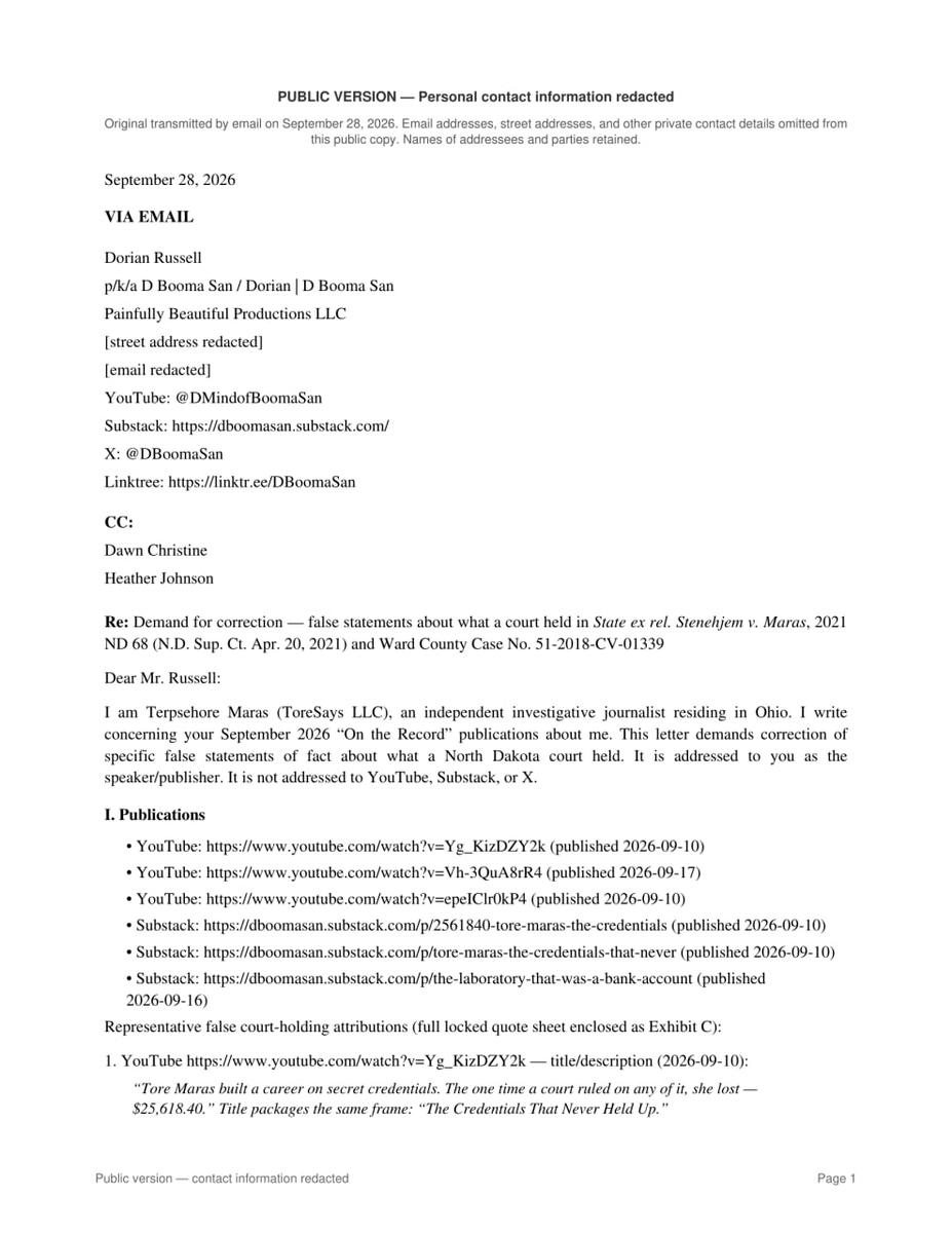 idontexistTore's tweet photo. Some people build a whole persona on what a court “held.”
Cute — until you open the actual opinion.

@DBoomaSan got the formal demand. Public copy attached.
North Dakota didn’t rule that my credentials “never held up.” He said it anyway. Now he gets to correct the record — or explain why he won’t.

Low-level influencers first. More seats at the table.