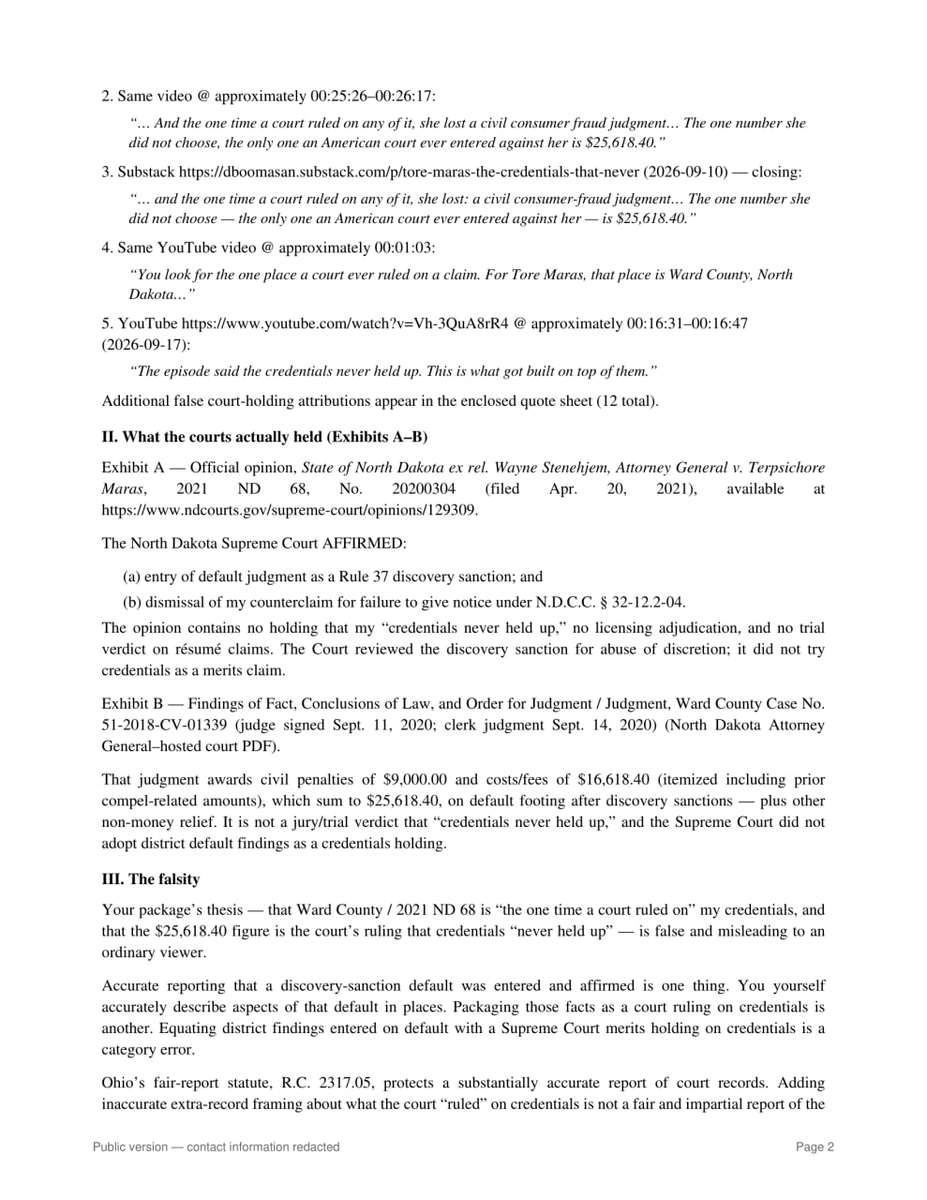 idontexistTore's tweet photo. Some people build a whole persona on what a court “held.”
Cute — until you open the actual opinion.

@DBoomaSan got the formal demand. Public copy attached.
North Dakota didn’t rule that my credentials “never held up.” He said it anyway. Now he gets to correct the record — or explain why he won’t.

Low-level influencers first. More seats at the table.
