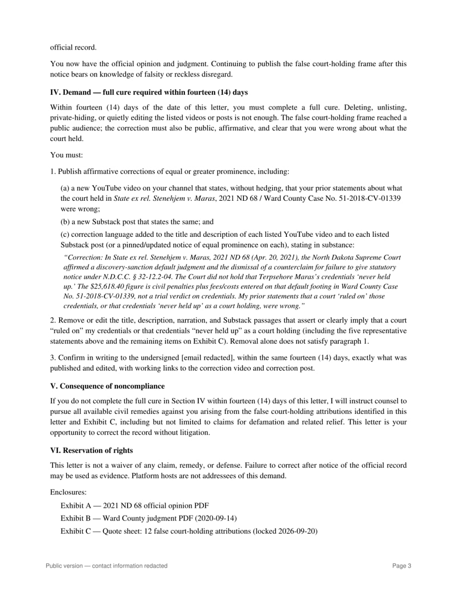 idontexistTore's tweet photo. Some people build a whole persona on what a court “held.”
Cute — until you open the actual opinion.

@DBoomaSan got the formal demand. Public copy attached.
North Dakota didn’t rule that my credentials “never held up.” He said it anyway. Now he gets to correct the record — or explain why he won’t.

Low-level influencers first. More seats at the table.