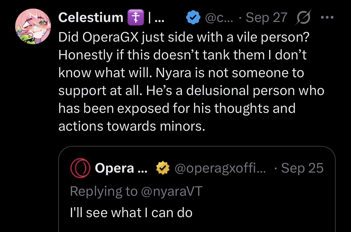 nyaraVT's tweet photo. Celestium is a “Christian” VTuber whose claim to fame was seeking out children on Roblox to “teach” them how they’ll be eternally tortured in hell for being gay.

It’s always projection. https://t.co/s6Ux50A2Cu
