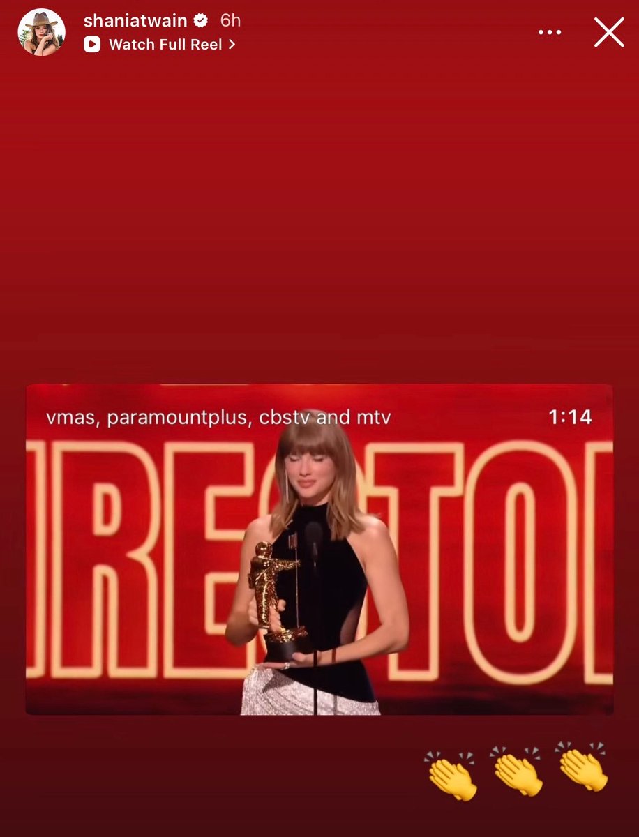 chartstswifty's tweet photo. Shania Twain shared Taylor’s #VMAs Artist Director Honors acceptance speech on her Instagram Story 🫶 https://t.co/hcdslTxFpO