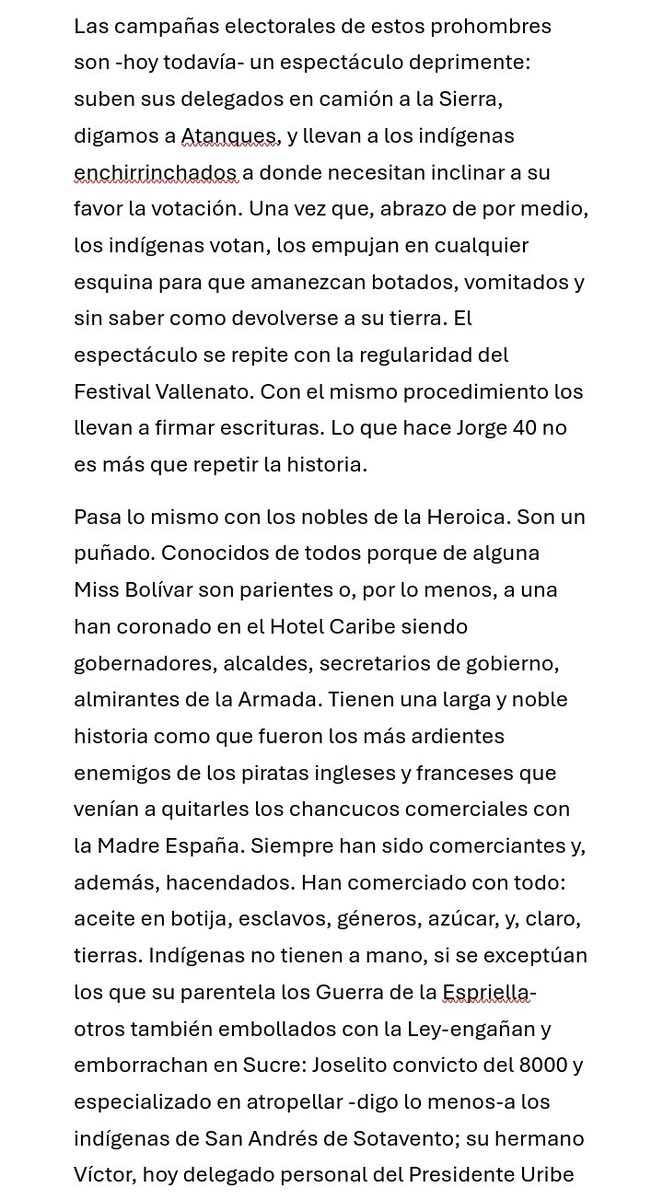 LuisaPoncas's tweet photo. @SOFIARAUJOMEJIA Alfredo Molano en "Araújos et al." (2007) criticó la endogamia como círculo de poder en la Costa: contrabando, despojo, manipulación electoral y paramilitarismo. La familia Araújo lo denunció por injuria y calumnia; fue absuelto en 2010. El texto merece volver a circular. https://t.co/BSA4qZbGK9