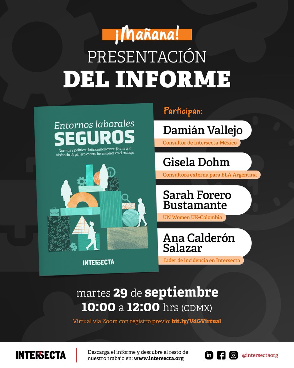intersectaorg's tweet photo. ¿Qué se está haciendo para enfrentar la violencia de género hacia las mujeres en el ámbito laboral en América Latina? ¿Qué ha funcionado? ¿Qué podemos aprender? Nos vemos mañana para conversar sobre este tema. ¡Te esperamos!
🔗 Registro: https://t.co/d7RXGKSwvU https://t.co/8kDED1GjF7