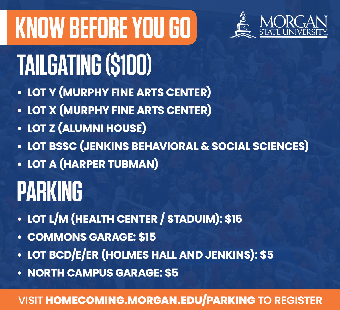 MorganStateU's tweet photo. Before you fill the stands on Homecoming Saturday, make sure you have all the details you need for tailgating and parking!

Tailgating spots cost $100 and include a two-space limit. Parking spots are $5 or $15, depending on the location. BEARtransit shuttles will be available to transport guests to and from the main parking and tailgating locations, Hughes Stadium and the University Student Center.

Review this year’s tailgating guidelines, parking information, and registration details online.

💻 https://t.co/GP5msIXz0y