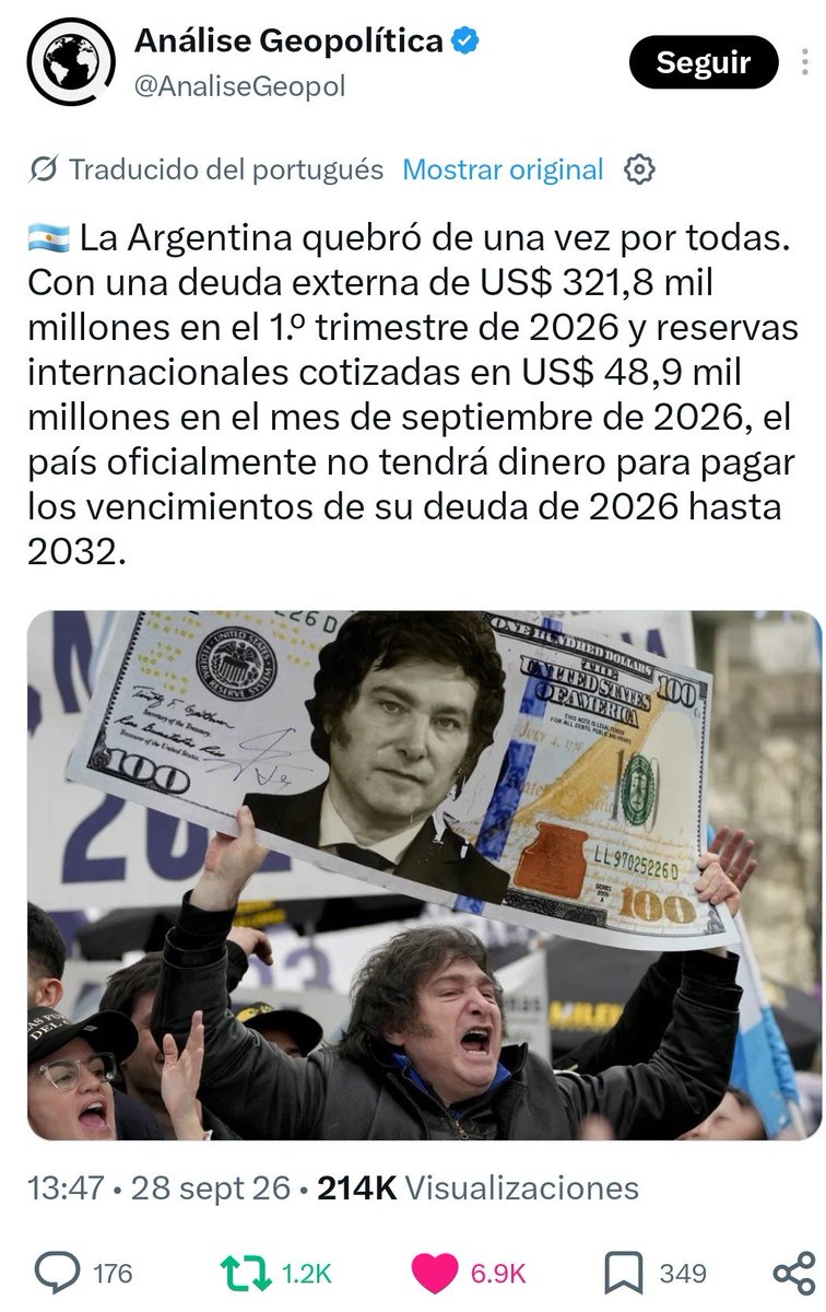 Patrici05400796's tweet photo. Estamos quebrados. Algunos boludos pensaban que iban a cobrar en dolares o que el ajuste lo iba a pagar la casta. Que ingenuos.
#Argentina #RiesgoPaís #Milei #MileiElPresidenteMásCorruptoDeLaHistoria #Dolar #LLA #Macri #PRO #Deuda #DeudaExterna #FMI https://t.co/UhX0wkXtN9