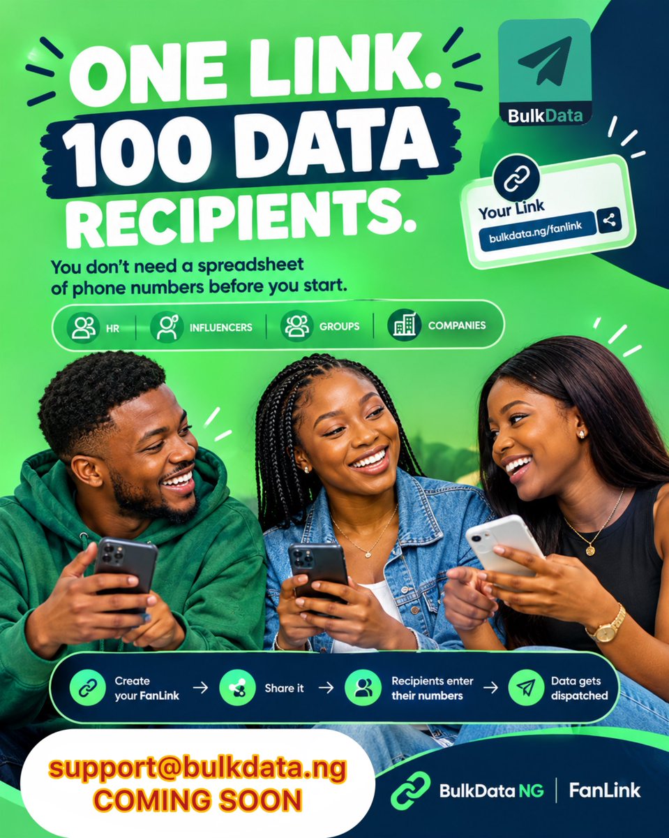 BulkData_ng's tweet photo. What if you could send data to 100 people with just one link? 👀

No need to collect every phone number yourself.

Create a FanLink → Share it → Recipients enter their numbers → Data gets distributed.

FanLink is coming to BulkData NG. 🎁

🚀 Launching soon. https://t.co/Z7fh5NWuCS