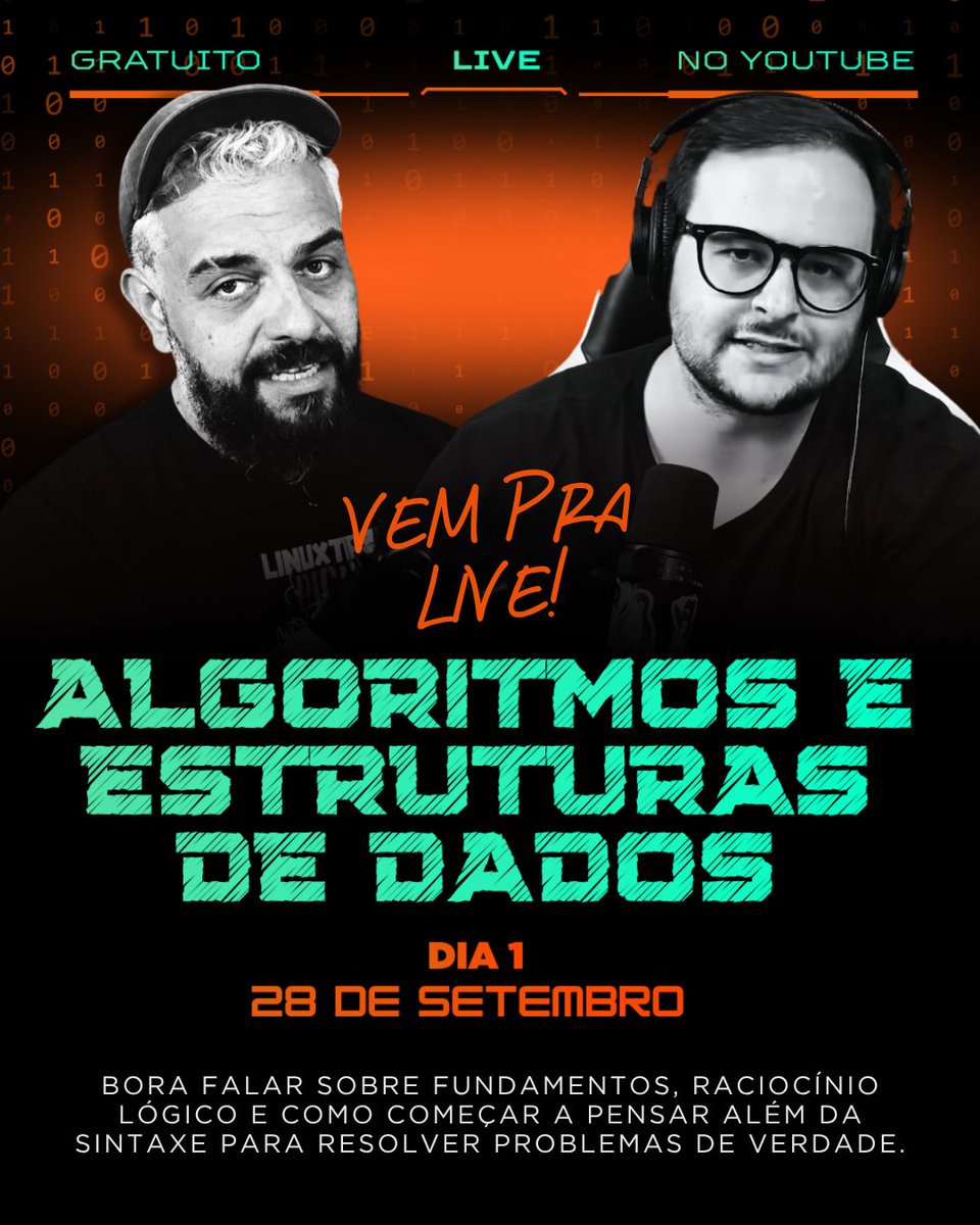 LINUXtipsBR's tweet photo. hoje começa nossa jornada por Algoritmos e Estruturas de Dados!

bora para o dia 1 com o @badtux_ e do Gus vão estar juntos para falar sobre fundamentos, raciocínio lógico e como começar a pensar além da sintaxe para resolver problemas de verdade.
https://t.co/Pclg5gGGTW https://t.co/aDU762pbYA