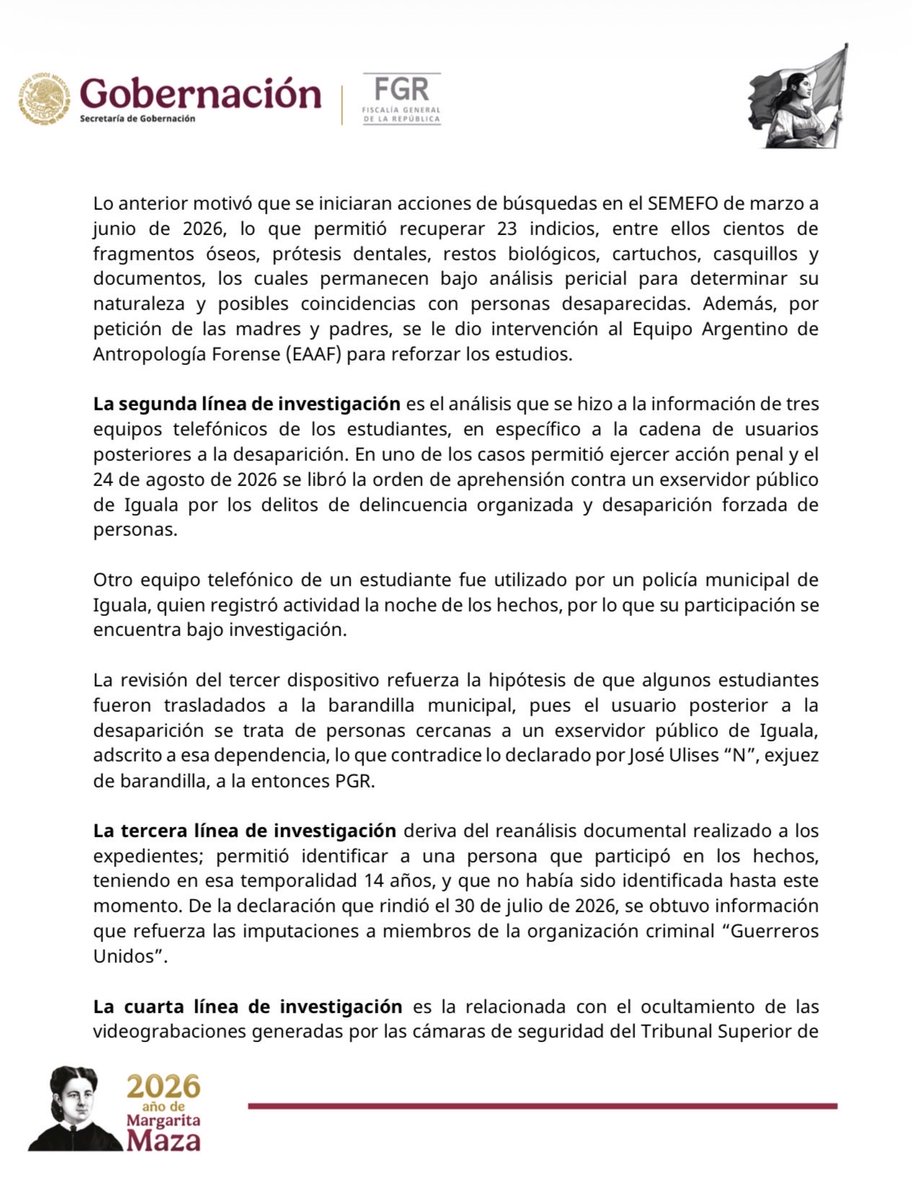 SEGOB_mx's tweet photo. #SEGOBInforma 📢
Nuevas líneas de investigación científica impulsan avances en el caso Ayotzinapa

Comunicado: 📄 https://t.co/tdqrYW6XyB https://t.co/65sgZKNNMR