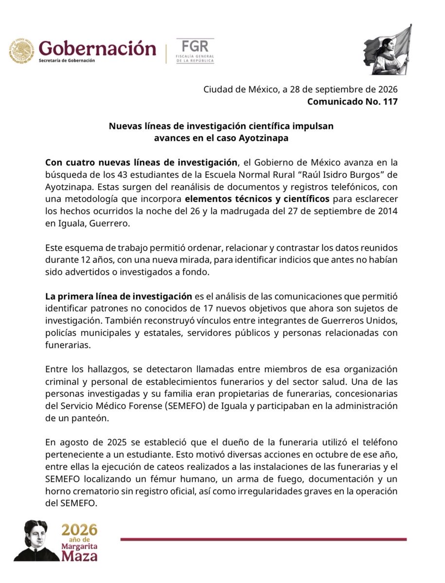 SEGOB_mx's tweet photo. #SEGOBInforma 📢
Nuevas líneas de investigación científica impulsan avances en el caso Ayotzinapa

Comunicado: 📄 https://t.co/tdqrYW6XyB https://t.co/65sgZKNNMR