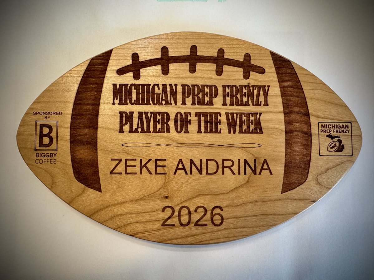 ZekeAndrina's tweet photo. Thank you @scoutRyanPRZ and @MichFBFrenzy for the player of the week plaque‼️ Really appreciate this‼️

⬇️Stats from game (week 3)⬇️
🔷 8 receptions - 202 yds
🔷 3 rec TDs
🔷 99 yard KR for a touchdown
🔷 301APY
🔷 4 tackles
🔷 1 INT

@ScoutTyGraham @MIGameDay https://t.co/eY4fvW2UTX