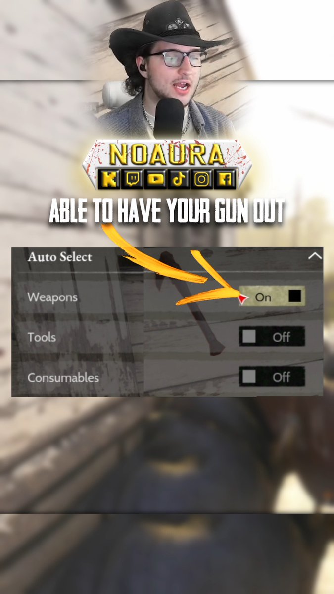 A social media video screenshot featuring a content creator named 'NOAURA' wearing a cowboy hat and glasses, with overlay text 'ABLE TO HAVE YOUR GUN OUT' and an arrow pointing to a game menu setting where 'Weapons' is toggled 'On'.
