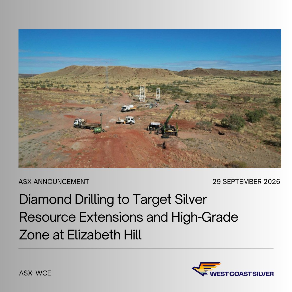 wcsilver_'s tweet photo. West Coast Silver (ASX: $WCE) begins H2 2026 diamond drilling program at the high-grade Elizabeth Hill Silver Project in the Pilbara, Western Australia.

West Core Drilling mobilises the week of 5 October for an 18-hole, ~1,800m program running through to mid-December, built directly from 2025-2026 drilling outcomes. 

Four workstreams:

→ MRE development drilling, targeting Inferred-to-Indicated resource conversion
→ Western Extension step-out drilling, testing mineralisation beyond the current 2.8Moz silver MRE
→ Elizabeth Hill Deeps, testing continuity of a new high-grade zone open to the east and south
→ Underground workings plunge extension, testing down-plunge of the historic mine

Results feed into a March 2027 Mineral Resource Estimate update and the Q1 2027 Scoping Study.

Full announcement: https://t.co/zcCxIdfq5y

$WCE #ASX #Silver #MiningExploration