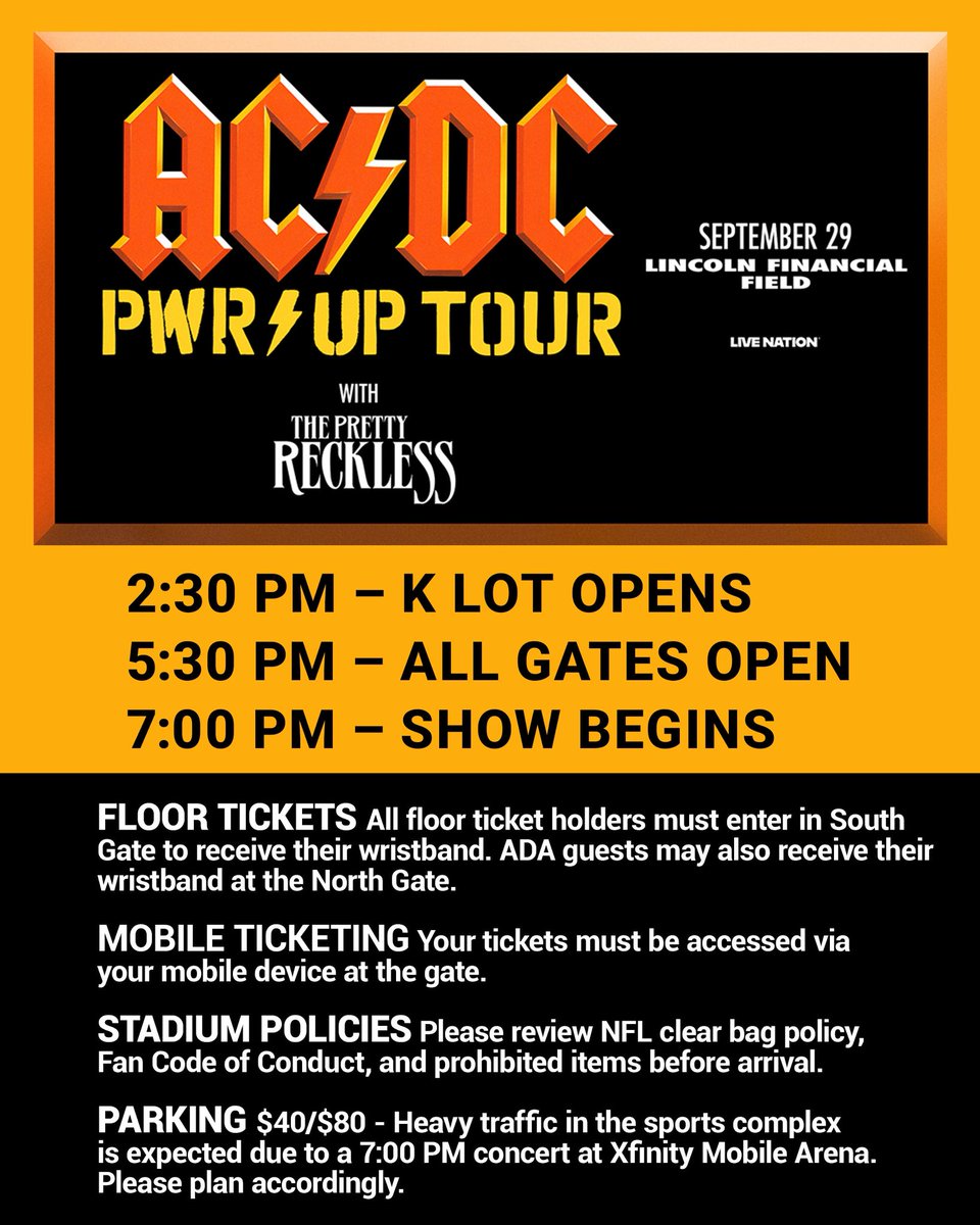 LFFStadium's tweet photo. Get ready for AC/DC tomorrow at Lincoln Financial Field. Here’s some important information and timing ahead of tomorrows show ⬇️

In need of assistance during tomorrow’s event? Text the word ASSIST <space> your issue &amp; location to 267-570-4444 https://t.co/NRzVv4yR1v
