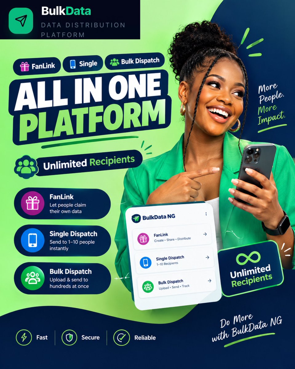BulkData_ng's tweet photo. One platform. Multiple ways to distribute data. 📲

FanLink.
Single Dispatch.
Bulk Dispatch.

Built for creators, businesses, teams and communities.

BulkData NG is launching soon. 🚀 https://t.co/REqI6zY9GX