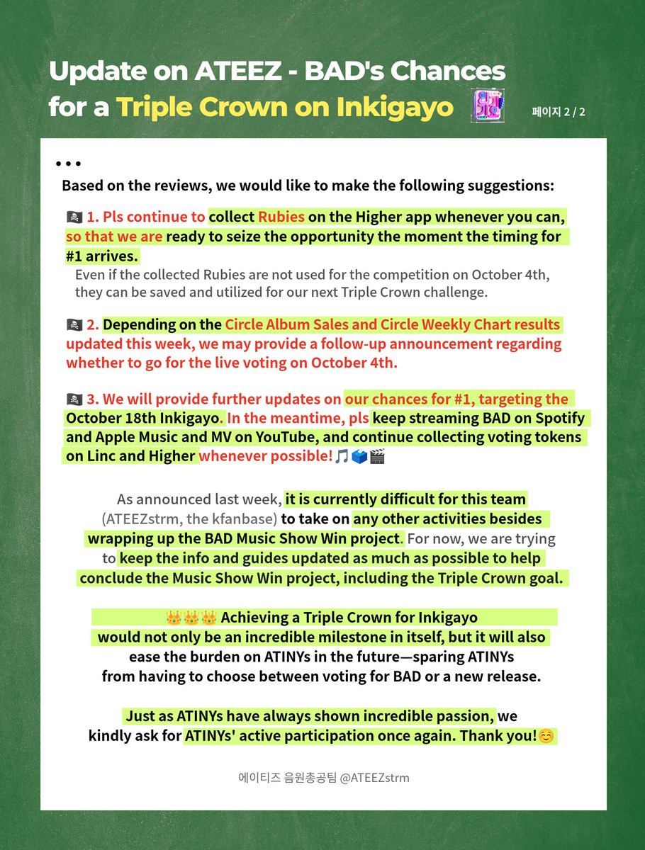 ATEEZstrm's tweet photo. 📢 NOTICE (ENG)
Update on the chances for a "Triple Crown" on Inkigayo🏆
#ATINY #에이티니 #BAD https://t.co/7vpGg2U5z0