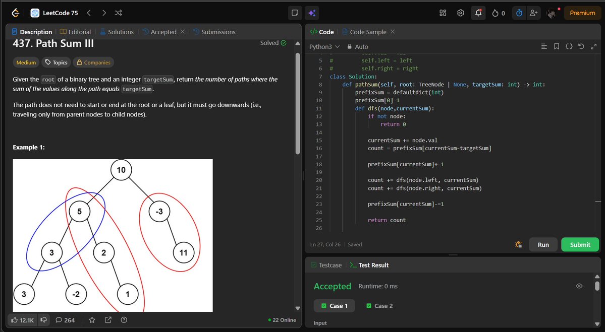_esahh's tweet photo. learnt how to solve path sum III today, took some digging around the solutions to find one with a dfs solution I wanted to learn. Here, we're using a hashmap to look up how many paths end at the current node to avoid manually checking every path so we have an O(n) solution https://t.co/bvdBFlCvfL