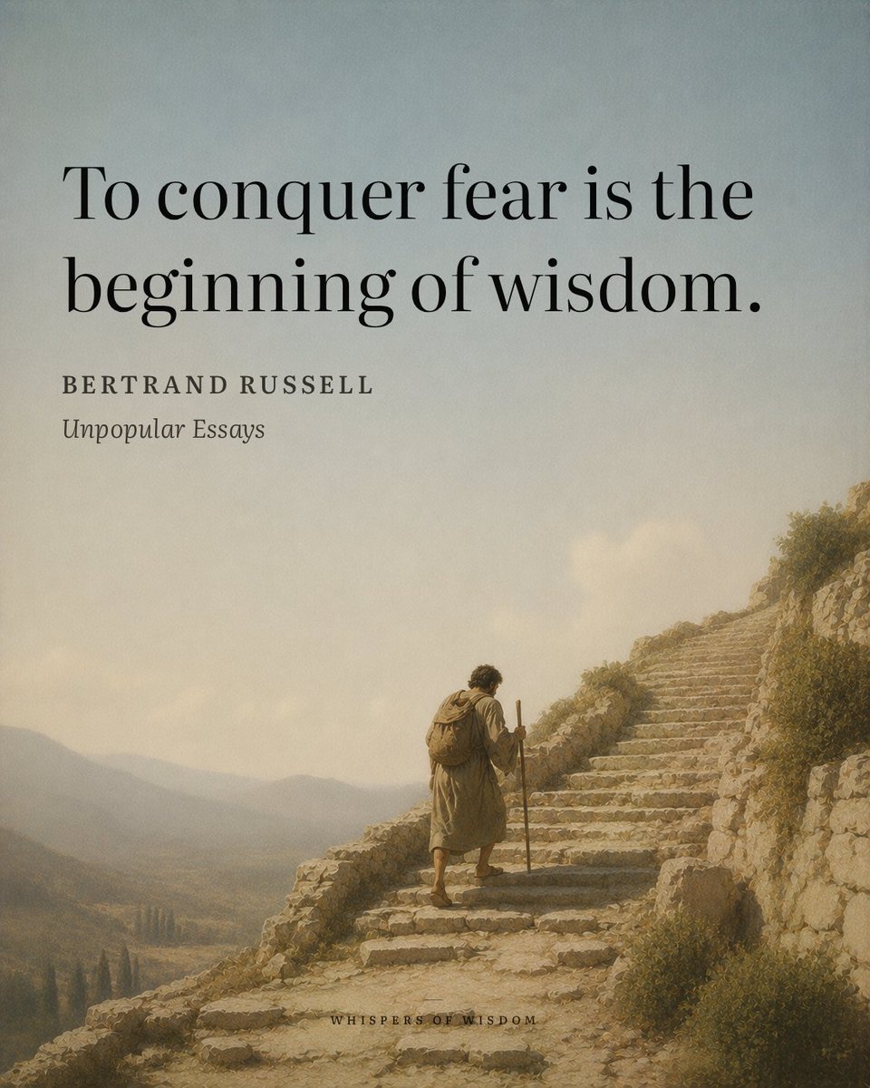 WisdomOfWhisprs's tweet photo. Fear does not ask for permission. It moves in first, and the mind follows—rehearsing outcomes, bracing for the worst. Russell’s line is not about banishing fear overnight. It is about placing it where it belongs. Fear is a signal, not a verdict. When you stop obeying it automatically, something shifts. You see more clearly. You act because a thing is worth doing, not because terror demands a response. That is not courage as a loud performance. It is the quieter work of refusing to let fear cast the final vote. Wisdom begins there, in that refusal—unspectacular, repeatable, and real.

“To conquer fear is the beginning of wisdom.”
— Bertrand Russell
