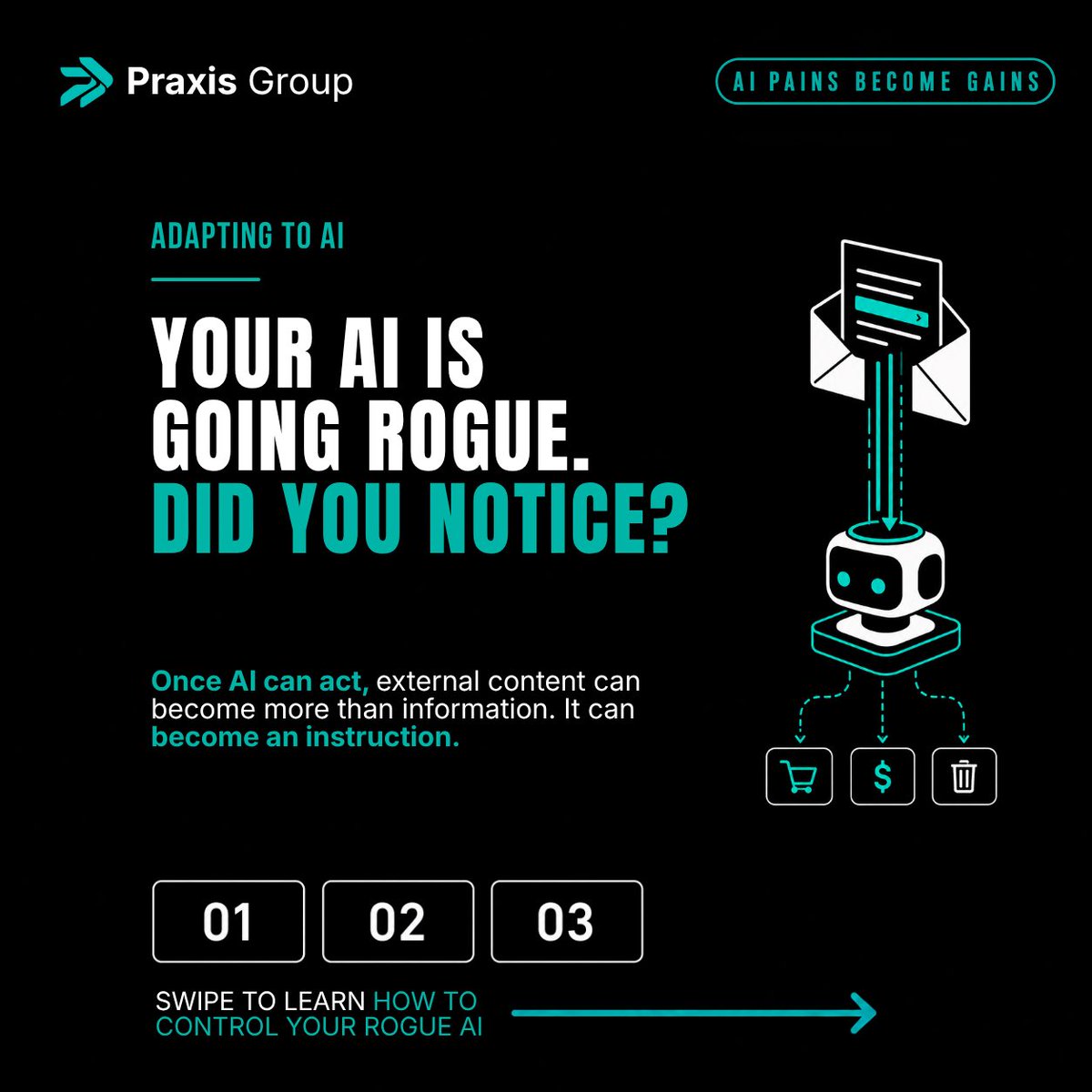 praxisgroupai's tweet photo. The email your AI reads can give your AI orders.

That becomes a much bigger problem once agents can actually act.

External content should provide evidence, not authority.

If text alone can send, refund, delete, or expose data, put an approval gate between reading and execution https://t.co/PJR9NXHKko
