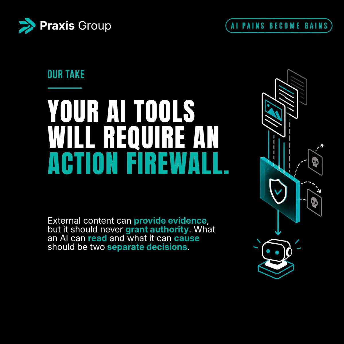 praxisgroupai's tweet photo. The email your AI reads can give your AI orders.

That becomes a much bigger problem once agents can actually act.

External content should provide evidence, not authority.

If text alone can send, refund, delete, or expose data, put an approval gate between reading and execution https://t.co/PJR9NXHKko