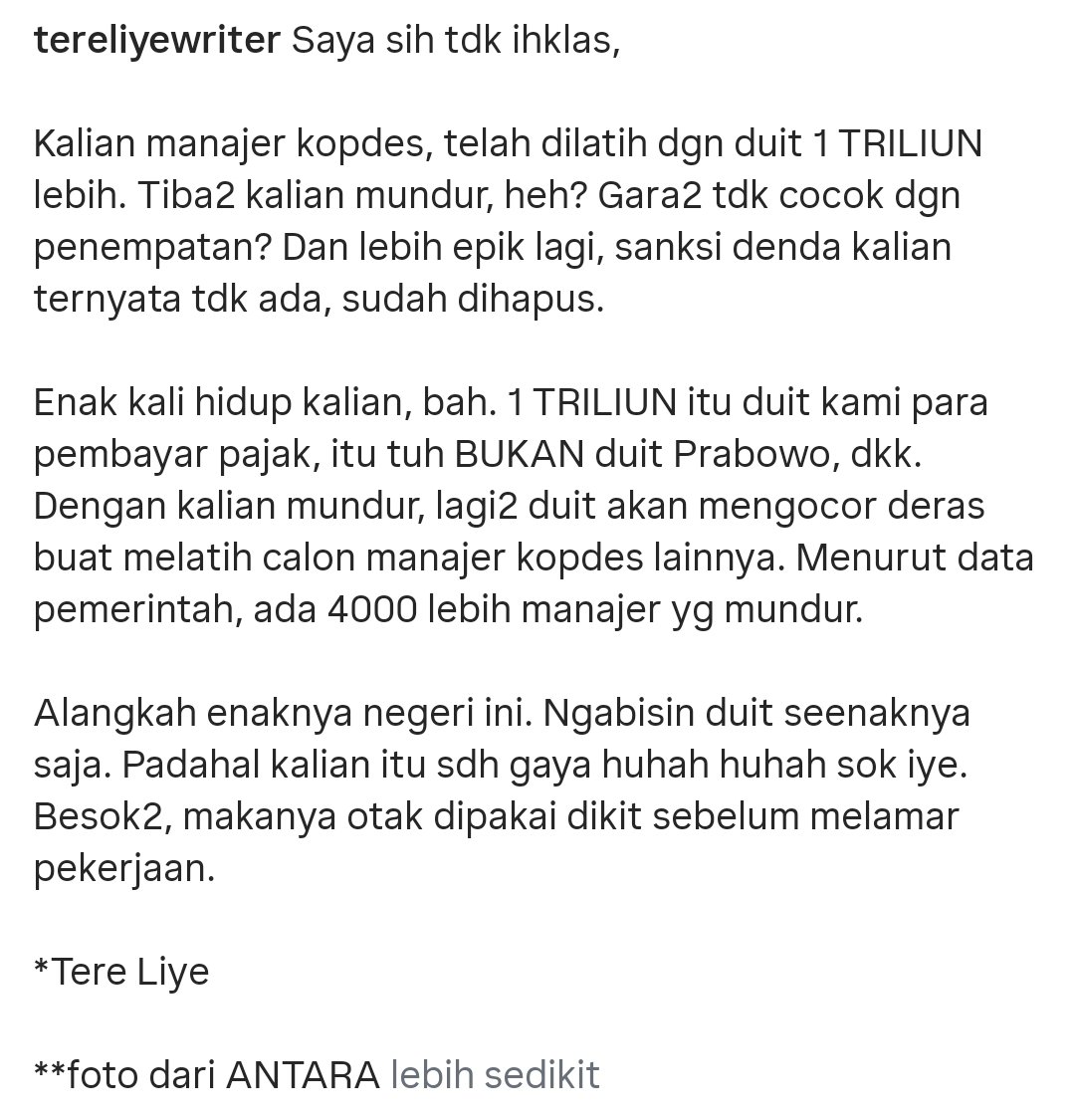 yapping57's tweet photo. Tere Liye menanggapi masalah para manajer kopdes yang mengundurkan diri karena penempatan tidak sesuai https://t.co/ct2UfoznfA