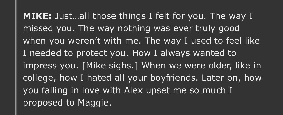 anni3hall's tweet photo. chapter 1 ~~~ chapter 11

the contrast between Mike being so deeply in denial then, recounting what led him to propose to Maggie without even acknowledging that it was all about Will and now recounting those same feelings with such clarity and awareness directly to Will https://t.co/3ZvPK2Vx9e
