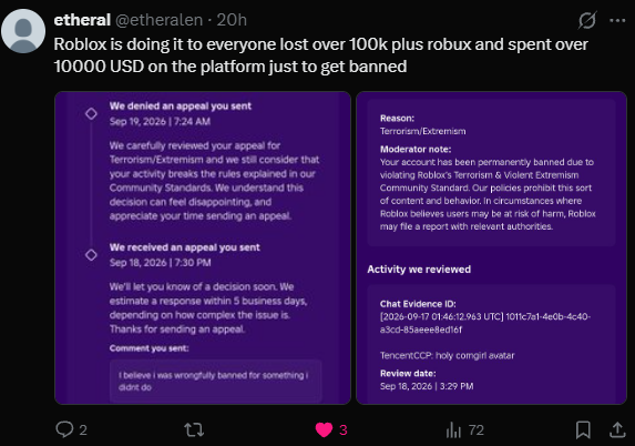 GoatofrivaIs's tweet photo. No heads up just a sudden ban wave, words that been allowed for ages to promote clothing and talk abt avatar styles, and all of a sudden without warning they term people for them. I'm one of many victims. Please look into this. @Roblox_RTC @Roblox @RobloxCreators #roblox https://t.co/9kW9bTg892