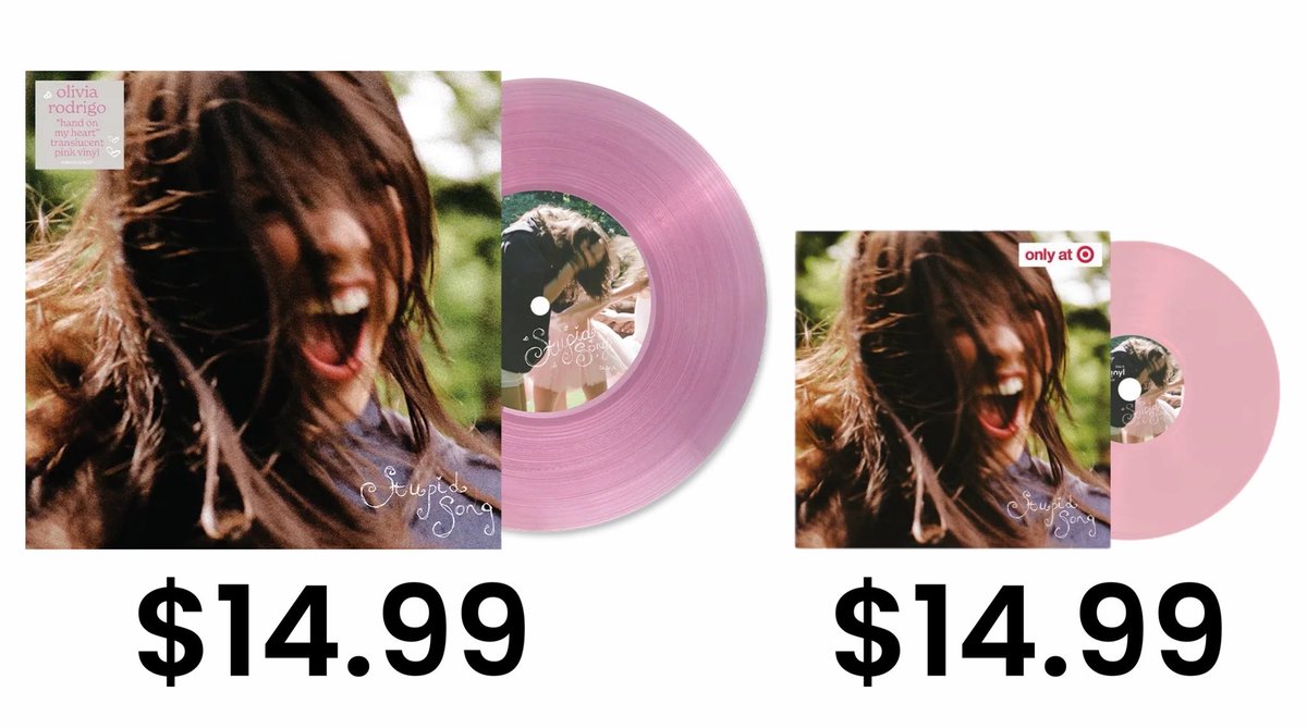 aidan7501's tweet photo. Olivia Rodrigo releases 4 inch tiny vinyl variant of 'Stupid Song' with the same price point as the 7 inch vinyl of the song https://t.co/dFEaRsauyf