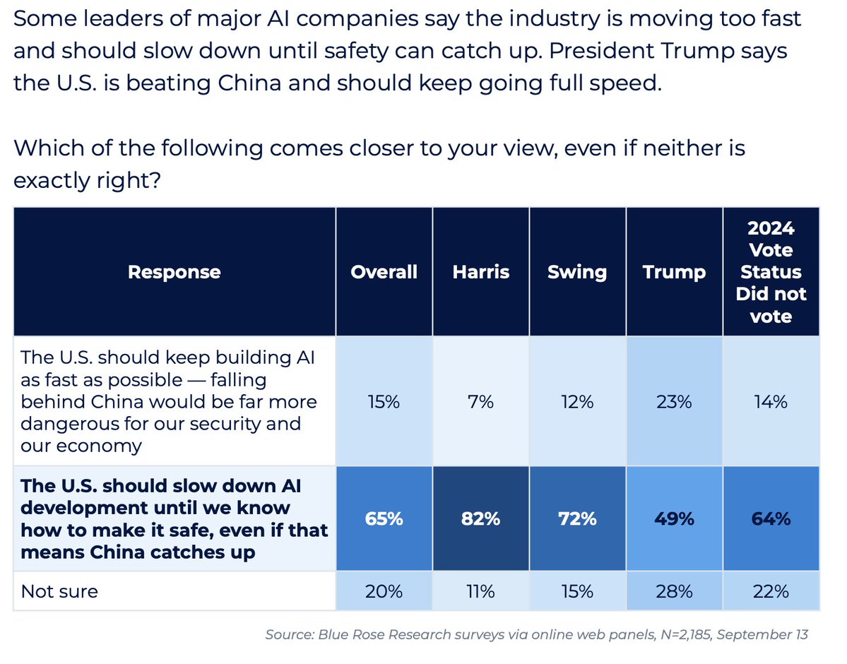 csaiporg's tweet photo. Voters think AI is developing too fast, and want development to slow down, even if China would catch up, or surpass US capabilities.

That and more findings from CSAIP's survey of voters are linked in the next tweet. https://t.co/vnONhlmfER
