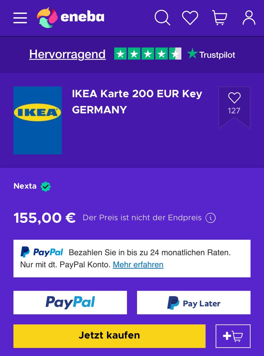 boersenbelfort's tweet photo. Ist das nicht ein absoluter Free Money Glitch, um bei IKEA mehrere hundert Euro zu sparen?

Man kann sich Online einen IKEA Gutschein für 200€ kaufen, aber man zahlt nur 155€.

Wenn man dann zum Beispiel einen Schrank für 1000€ kaufen möchten, könnte man sich 5 Gutscheine x 200€ kaufen und bezahlt am Ende nur 775€.

Man würde sich dadurch dann einfach mal 225€ bzw. 22,5% sparen. Man kann einfach, wenn man eine ganze Wohnung einrichtet mehrere tausend Euro sparen. Keine Ahnung ob ich da jetzt was übersehen habe.