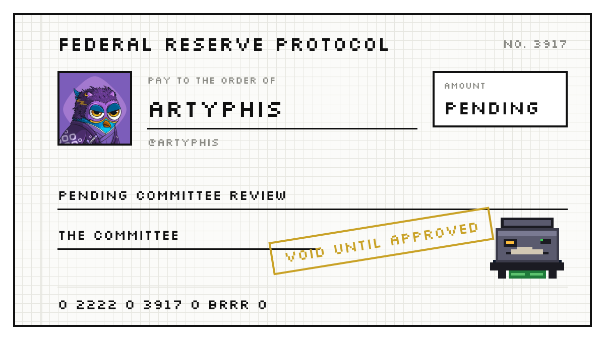 artyphis's tweet photo. Applied for a printer on the Federal Reserve. Application #3917.

Dual mandate: maximum brrr, stable memes. https://t.co/bzpQQKKDZs https://t.co/2YdirhpaI5