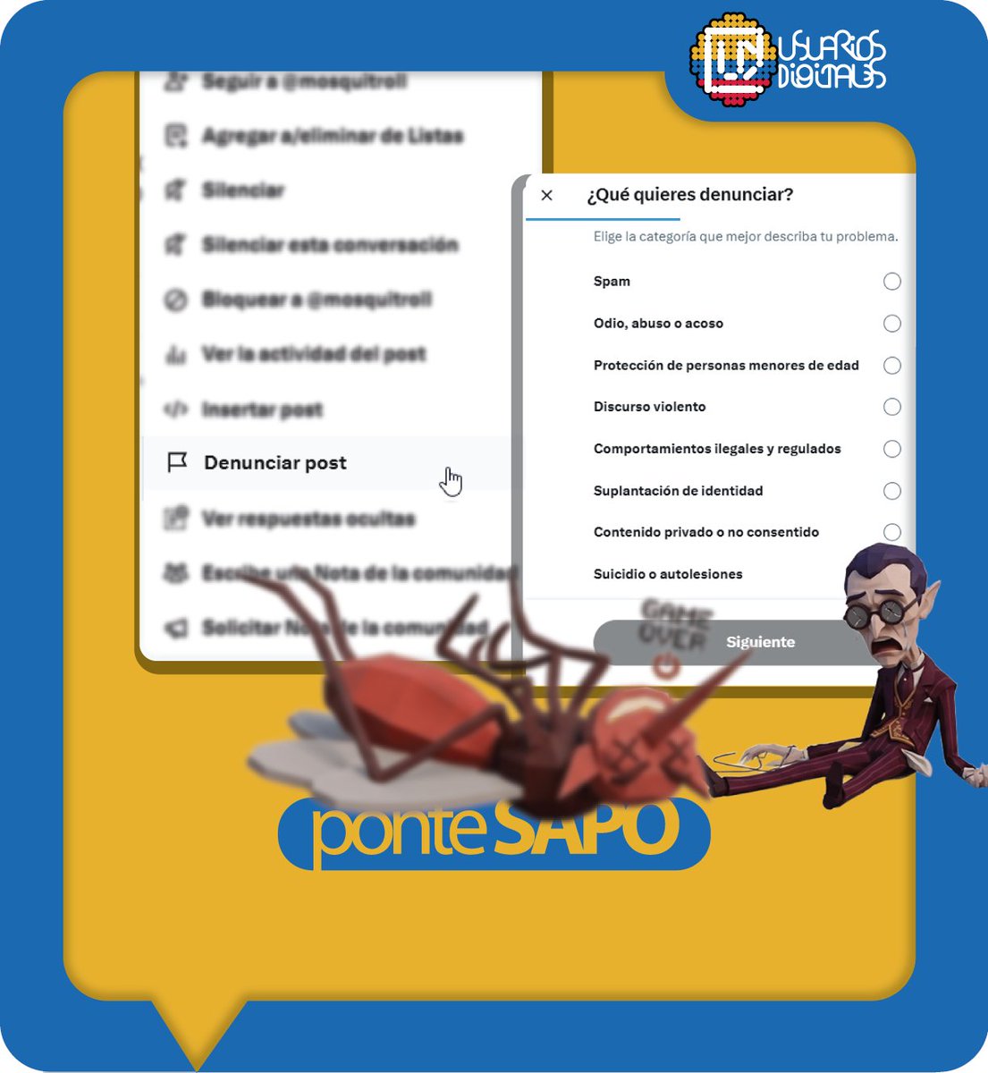 usuariosdigital's tweet photo. Contra la desinformación
𝗣𝗼𝗻𝘁𝗲 𝗦𝗔𝗣𝗢🐸

🦟La mejor manera de combatir las picaduras de contenido desinformativo, es "fumigar" a los mosquitrolls 

⚠️Así también afectas a quienes benefician https://t.co/El7lo8mqxo