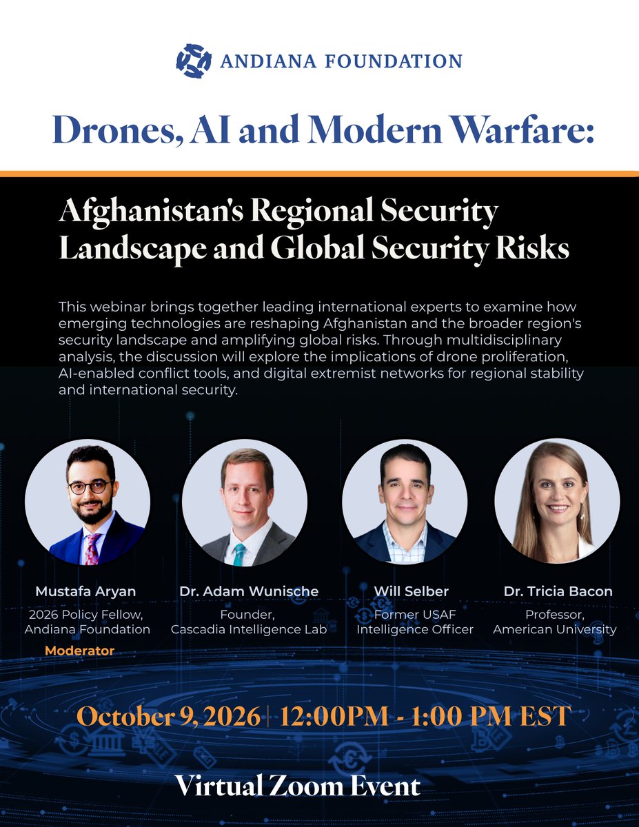 AndianaOrg's tweet photo. Drones, AI and Modern Warfare: Afghanistan’s Regional Security Landscape and Global Security Risks  This webinar brings together leading international experts to examine how emerging technologies are reshaping Afghanistan.  

Register here: https://t.co/HM0oTwm1YI https://t.co/UZWKBPc7fM