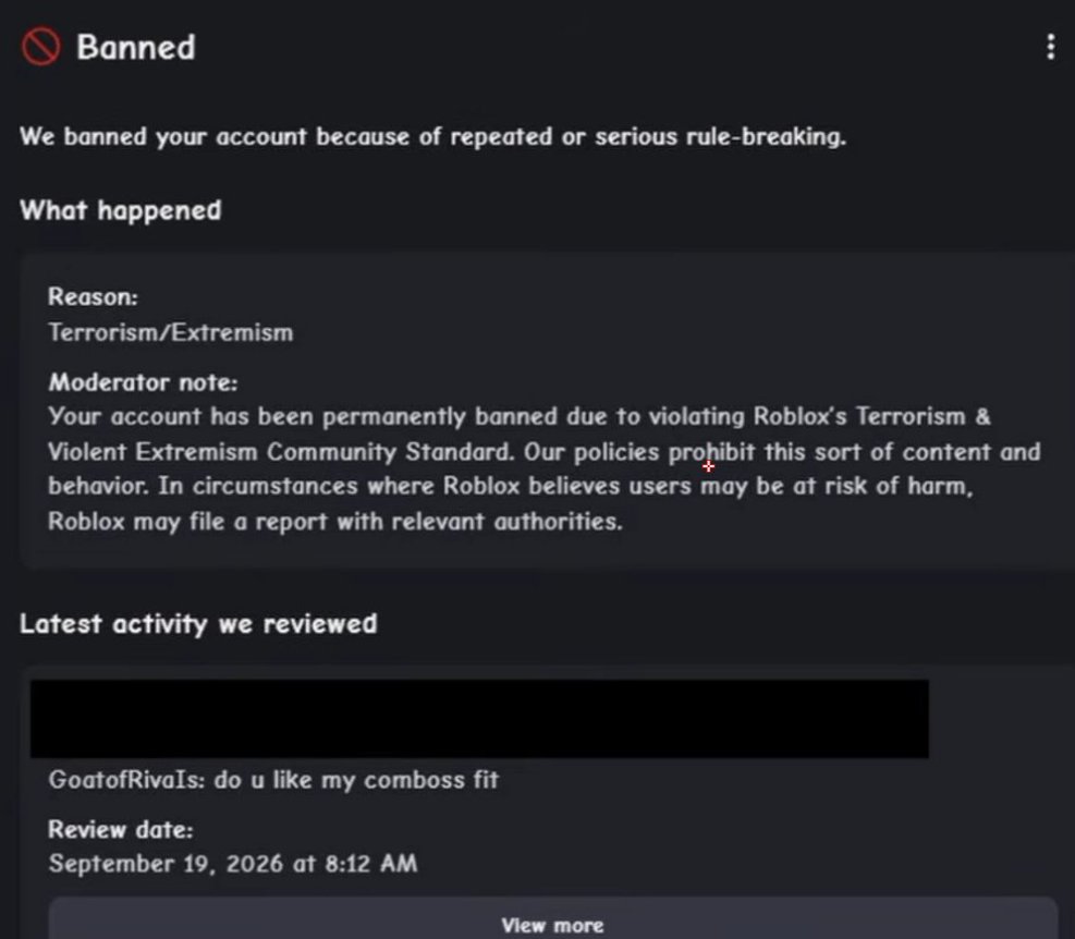 GoatofrivaIs's tweet photo. No heads up just a sudden ban wave, words that been allowed for ages to promote clothing and talk abt avatar styles, and all of a sudden without warning they term people for them. I'm one of many victims. Please look into this. @Roblox_RTC @Roblox @RobloxCreators #roblox https://t.co/9kW9bTg892