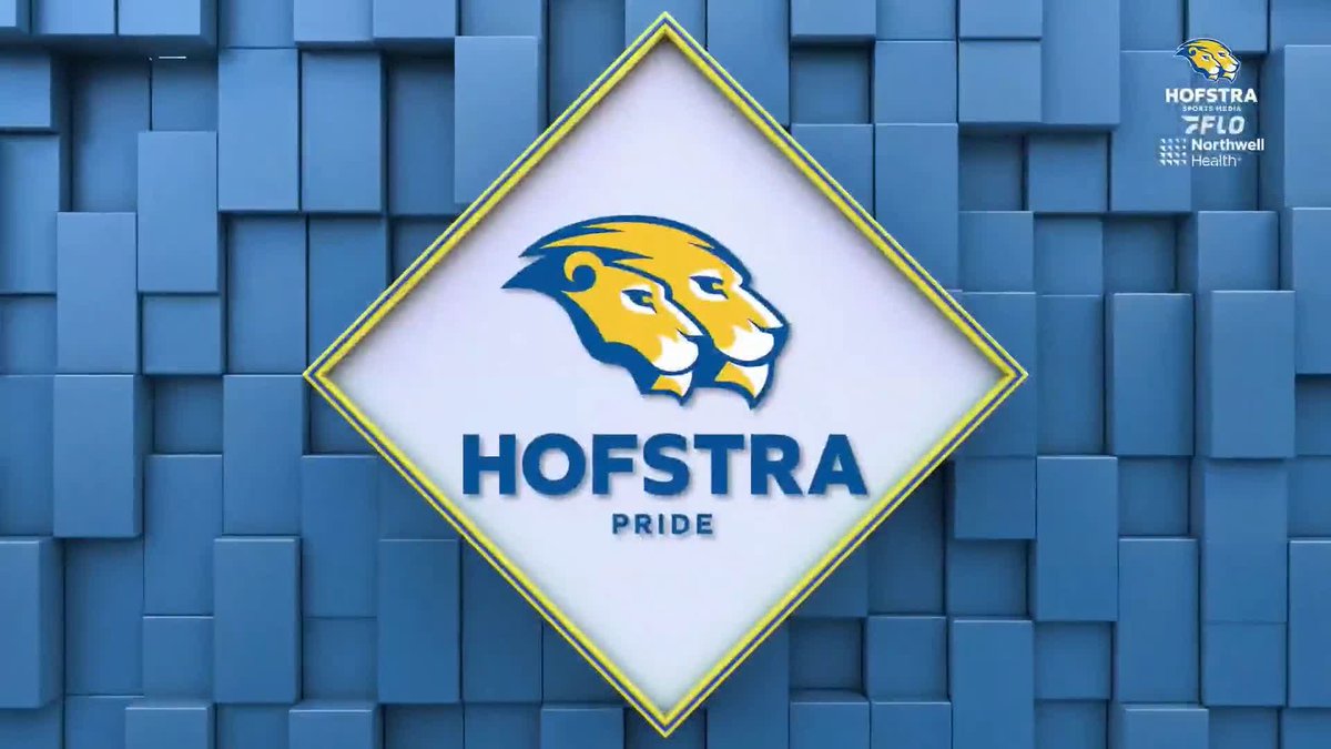 A graphic showing the 'HOFSTRA PRIDE' logo featuring two lion heads, alongside a 'HOFSTRA SPORTS MEDIA' badge with 'FLO' and 'Northwell Health' branding on a blue geometric background.