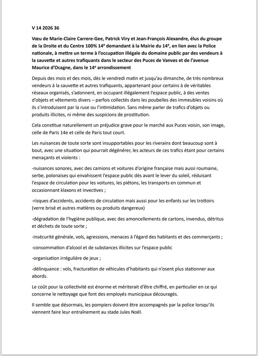 MCCG's tweet photo. Au Conseil du 14e arrondissement, nous avons dénoncé les actions insuffisantes et donc inefficaces de la Mairie pour dire stop à ce marché sauvage aux abords du marché aux Puces, tous les week-ends, depuis des mois. 
Occupation illégale de l’espace public.trafics en tout genre. Suspicion de prostitution. Vols, rackets, intimidation des riverains dont la vie est devenue un enfer. Il faut que cela s’arrête!
@PatrickViry @ALEXANDREJFr @elie_julien