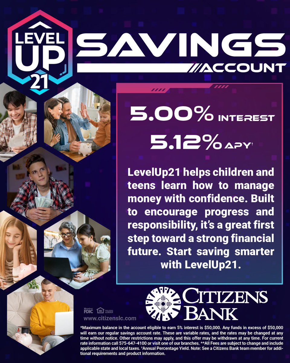 CitizensBankLC's tweet photo. Ever wonder what other parents are paying for allowance? 🤔

Check out this guide to see average allowance amounts for each age group and more tips for parents.
💵 https://t.co/BCAnQWANU1

When your young saver is ready to put some of their money away, learn more about our LevelUp21 Savings Account!
👾 https://t.co/NqQI1R3uaz
