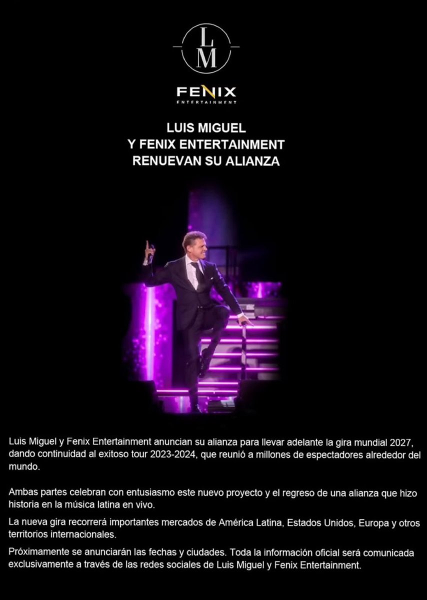 SimplementeLM's tweet photo. HABEMUS ALIANZA. Nuevamente @fenix_latam y @LMXLM trabajarán juntos en el próximo TOUR 2027! 👏🏻👏🏻👏🏻
@CMNEvents @LiveNationLatin @qualitycenter_ar @envivoprod https://t.co/uESX8t8X0L