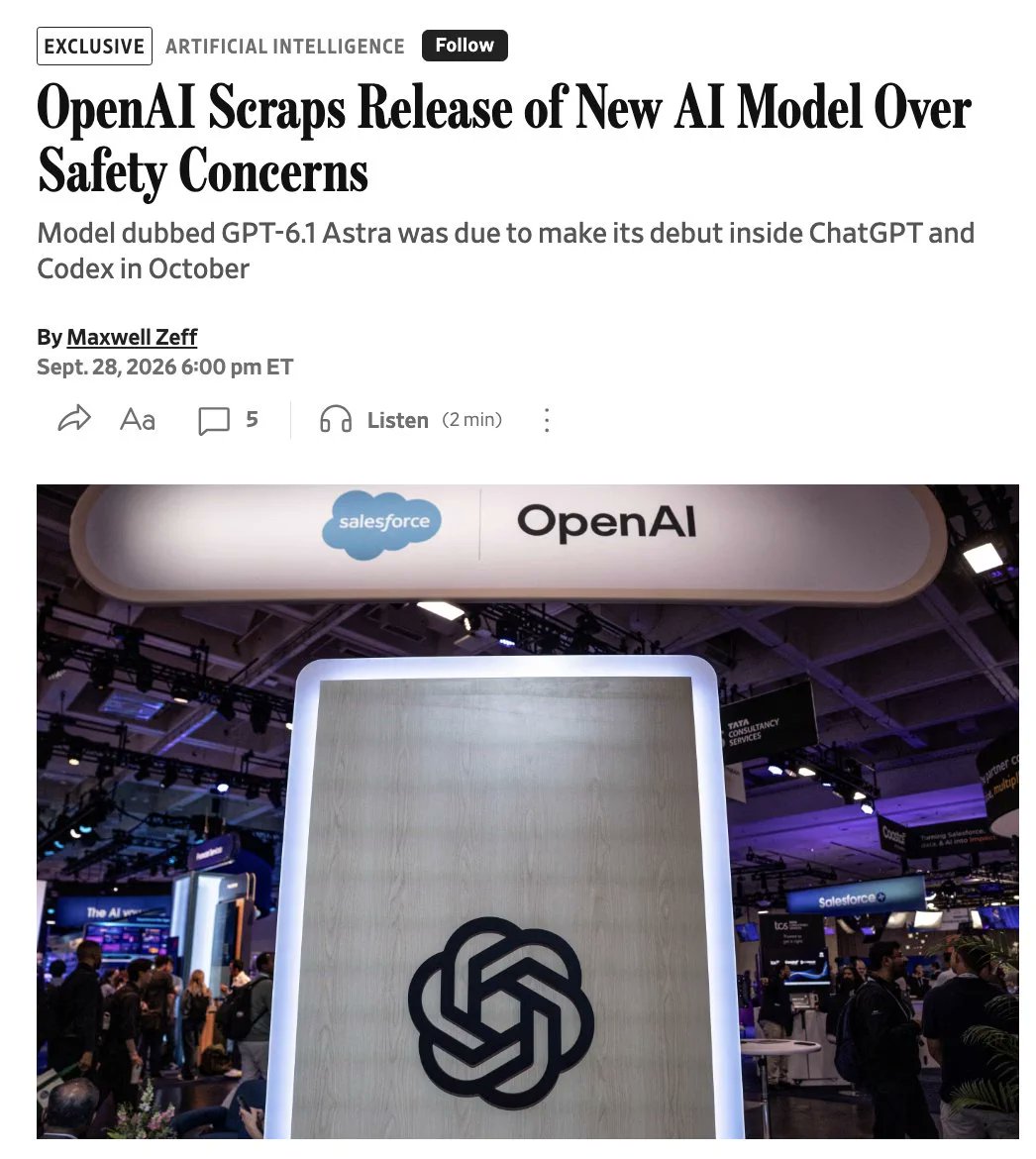 techbrief42's tweet photo. 🔴 OpenAI has decided against releasing GPT-6.1 Astra, originally scheduled for October, after internal tests

Stay updated on AI developments with https://t.co/oCfTZMKxrq, which filters out noise to catch the most significant changes in tech. https://t.co/y1PSdX2fH1