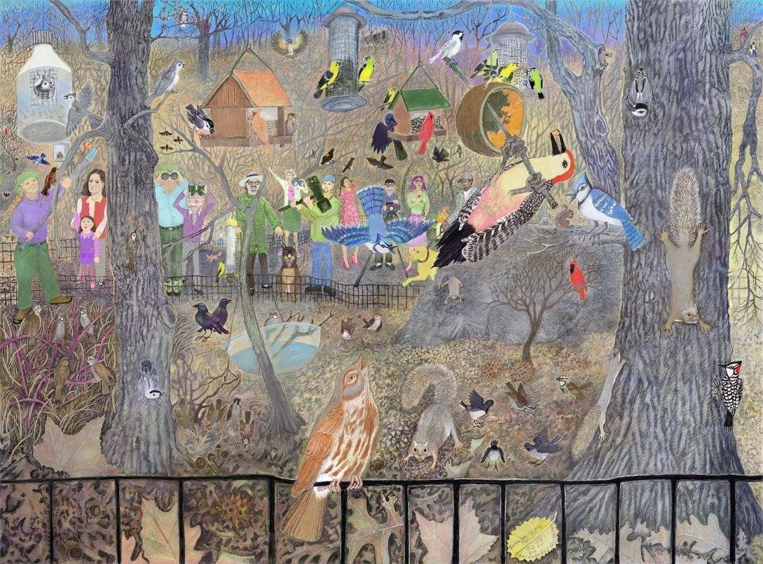 emilyagain's tweet photo. The homeless woman murdered in Central Park was a beloved artist and birdwatcher who made beautiful pieces dedicated to birds. She went by Lee Rogers, but also was known as Elise Bainbridge Hill. Her art was awesome. I hope her life story is shared and not just the grisly details https://t.co/sCgmBQer67