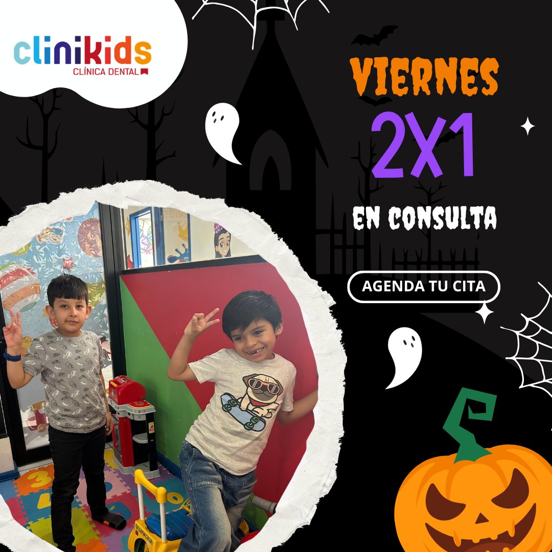 clinikidsmx's tweet photo. ¡Promo de espanto! 👻 Trae a 2 peques por el precio de 1 este Viernes 2x1. ¡Doble diversión! 🦇 #Trabajandoentusonrisa #Cambiandolaformadeveraldentista #Odontopediatra #Odontologodeniños #Urgenciasmedicas #Salud #Ortopedia #Morelia #Niños https://t.co/IsQ8AVfm5E