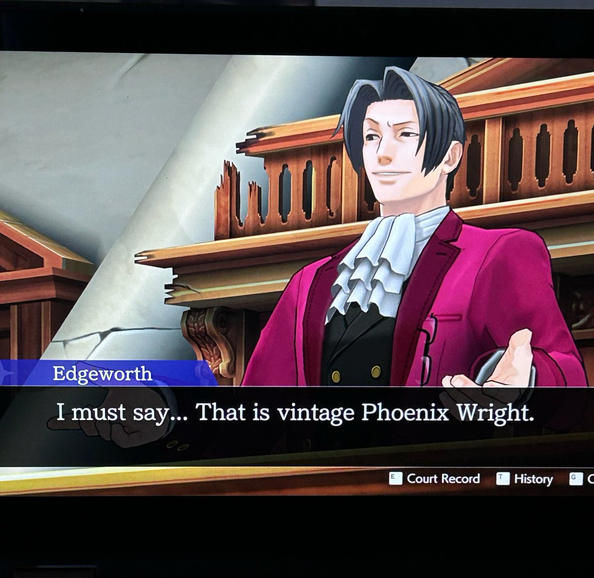 foulfellowful's tweet photo. miles is comparing phoenix to wine -> miles seems like a wine guy -> miles wants to drink phoenix wright https://t.co/26aZw0LhiV