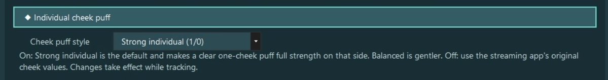 Fwooffy's tweet photo. I've been busy...

Individual cheek puff
Steam Link support
Better tongue tracking
Over 40 bugs squashed 

I've also been making progress on getting it running natively on the headset, but there’s no timeline for that yet.

will be releasing this soon https://t.co/TyPNVI59Uz