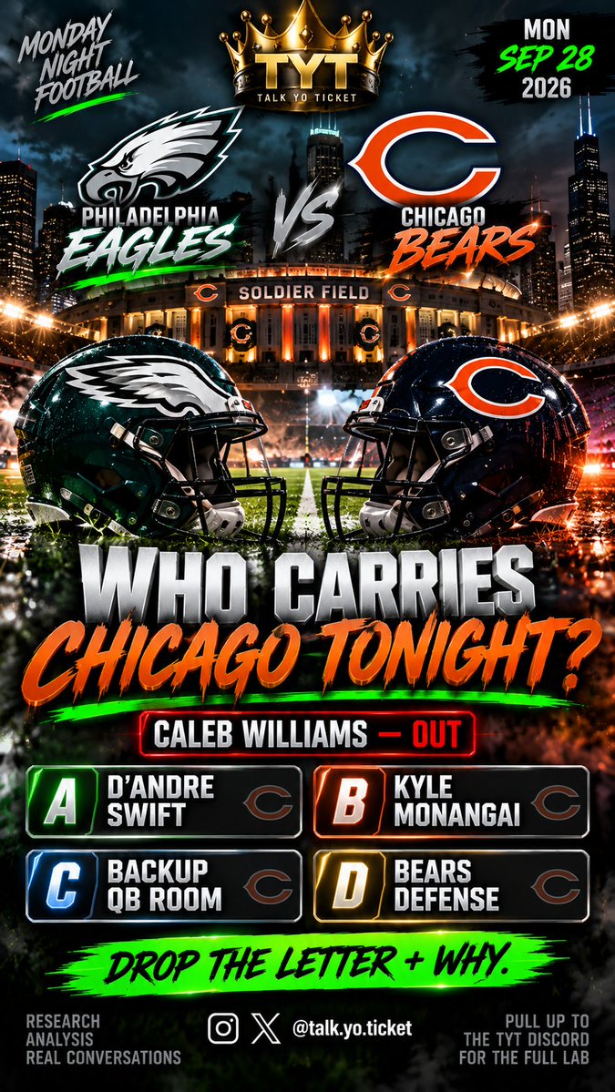 Talk_Yo_Ticket's tweet photo. WHO CARRIES CHICAGO TONIGHT? π
A β Swift
B β Monangai
C β Backup QB room
D β Bears defense
Drop the letter + WHY.
#TalkYoTicket https://t.co/svhG2YB631