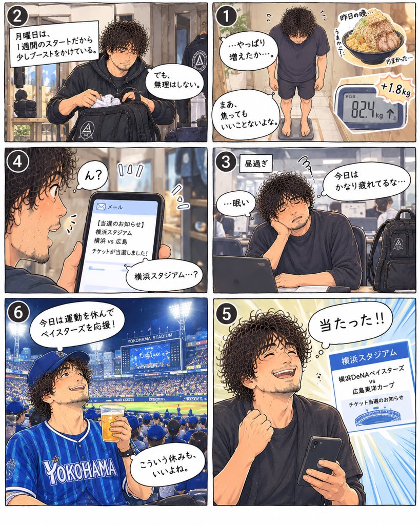 youllnever7's tweet photo. 【ダイエット12日目】

夜にちょっと食べすぎた翌朝。
体重計を見て、さすがにちょっと…

でも、焦らずいこう。

そんな月曜日の午後、
思いがけないメールが届いて……。

今日はちょっと特別な休養日にします⚾️

#筋トレ #ダイエット #ベイスターズ #コミックエッセイ #ゆるねばダイエット https://t.co/IUrHWlUYvF