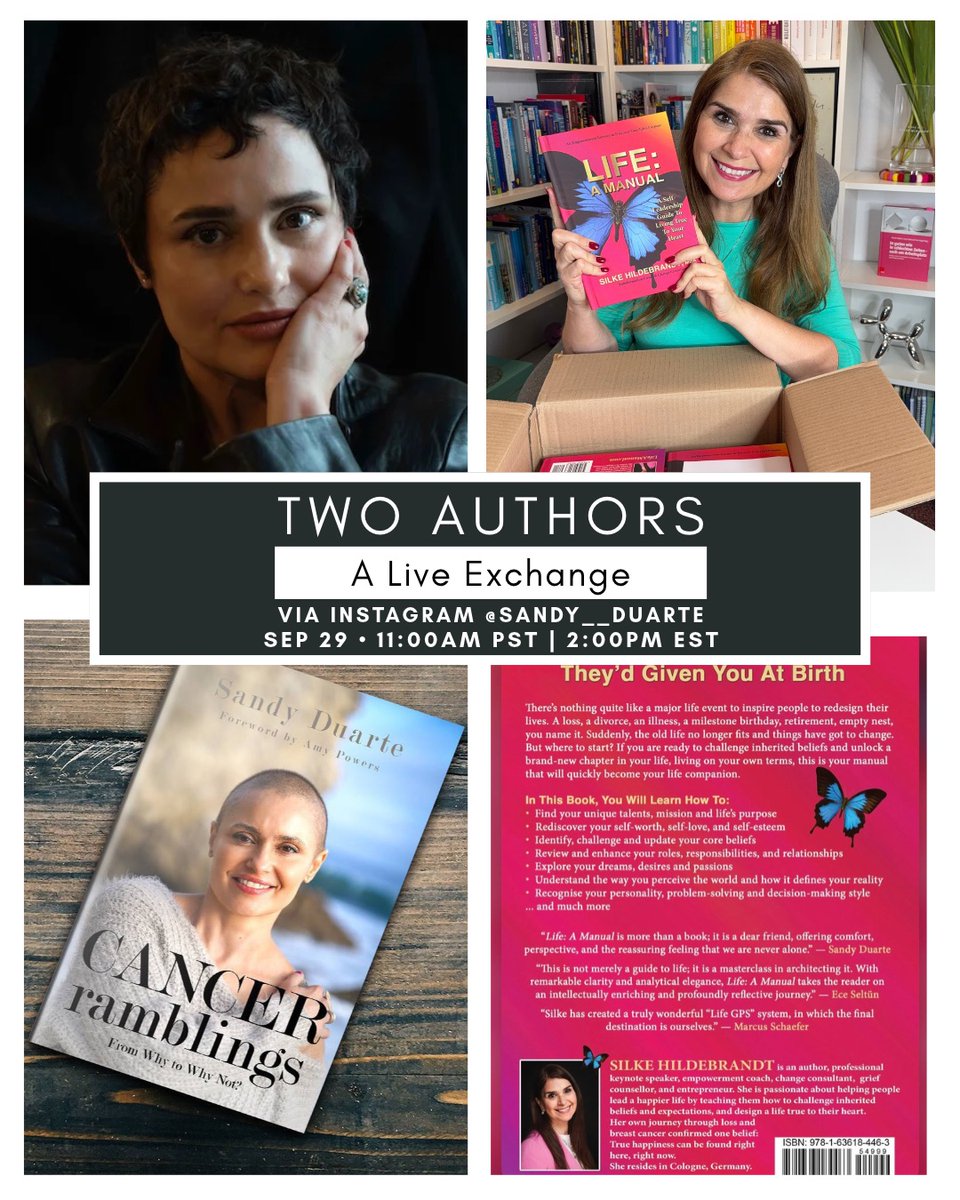sandyduarte's tweet photo. Two cancer survivors. Two authors. One conversation about LIFE. Join us as we celebrate her new book.
Sept 29 | 11 AM PST  Instagram @sandy__duarte
#LiveExchange #LifeAManual #CancerSurvivor @oncodaily @SurvivorsDay @SU2C @cancerhealthmag https://t.co/sox4jicQmh