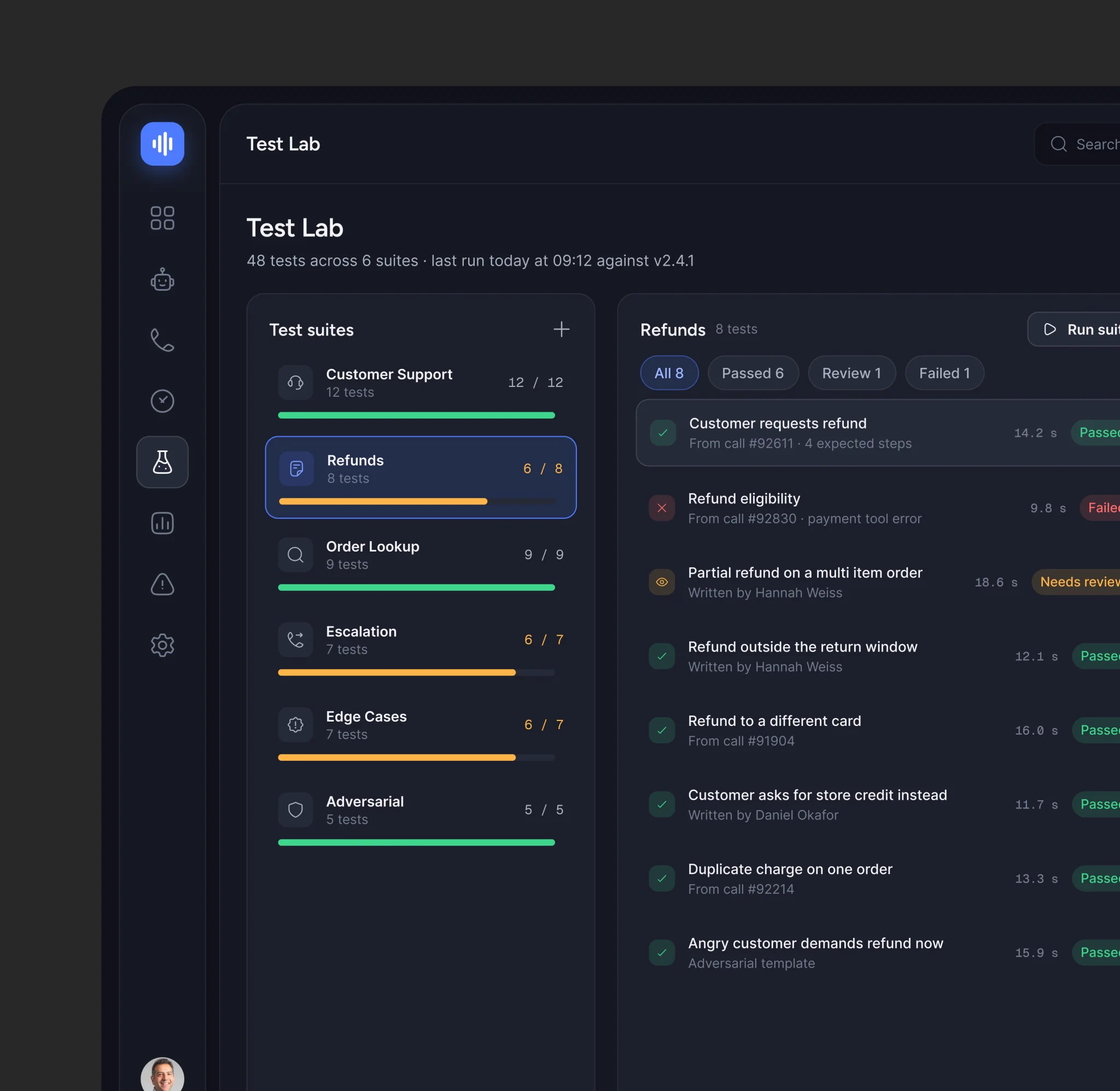 AI 음성 에이전트 테스트 랩 — 다크 모드 스위트·결과 목록